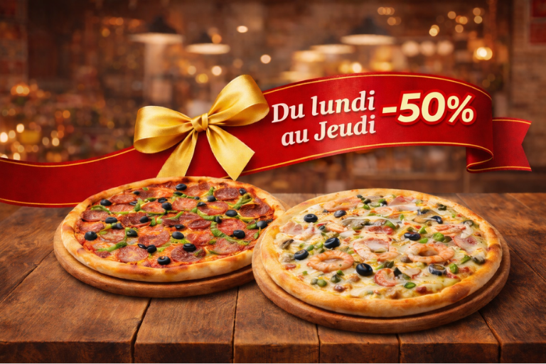 -50% sur la 2e pizza (Senior/Méga) à emporter. 
